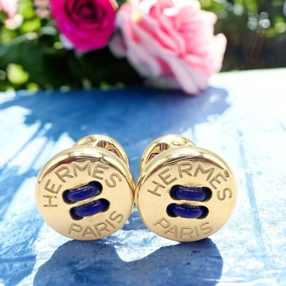 Rare! Vintage Authentic Hermes Paris 18k Yellow Gold Mens Lapis Button Cufflinks - Picture 2 of 11